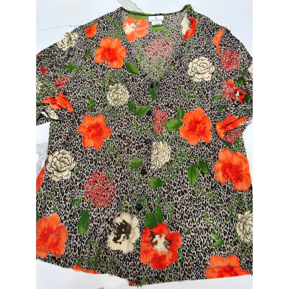 The Travel Collection Womens 2X Leopard Floral Button‎ Front Top